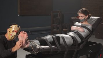Foxy in Tight Mummification with Exposed Breasts – Intense Bare Feet Tickling