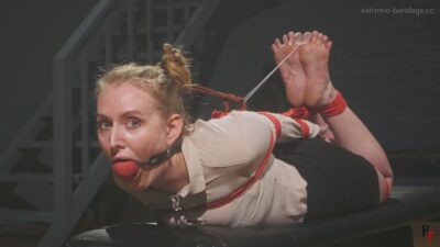 Katrina – The Secretary in Tight Hogtie with Red Ropes and Huge BallGag